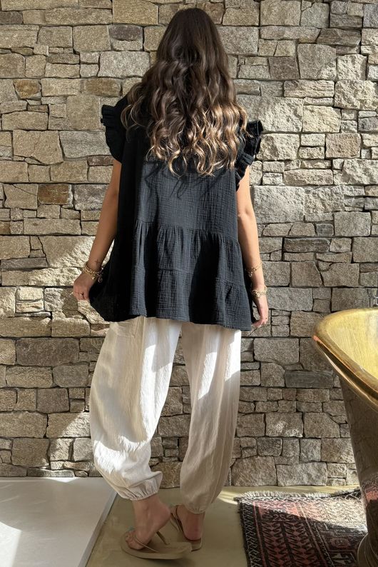 Tasha Cushion Cotton Cap Sleeve Tier Top Black